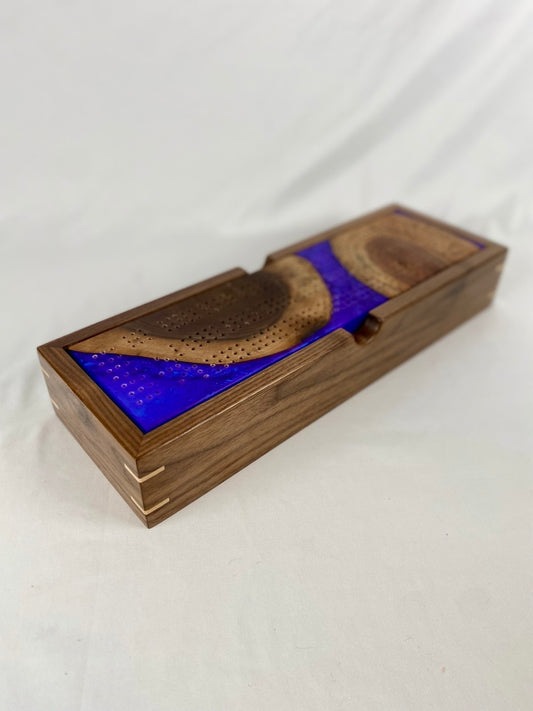 Handcrafted Walnut with Blue Violet Resin Cribbage Board with Storage Box