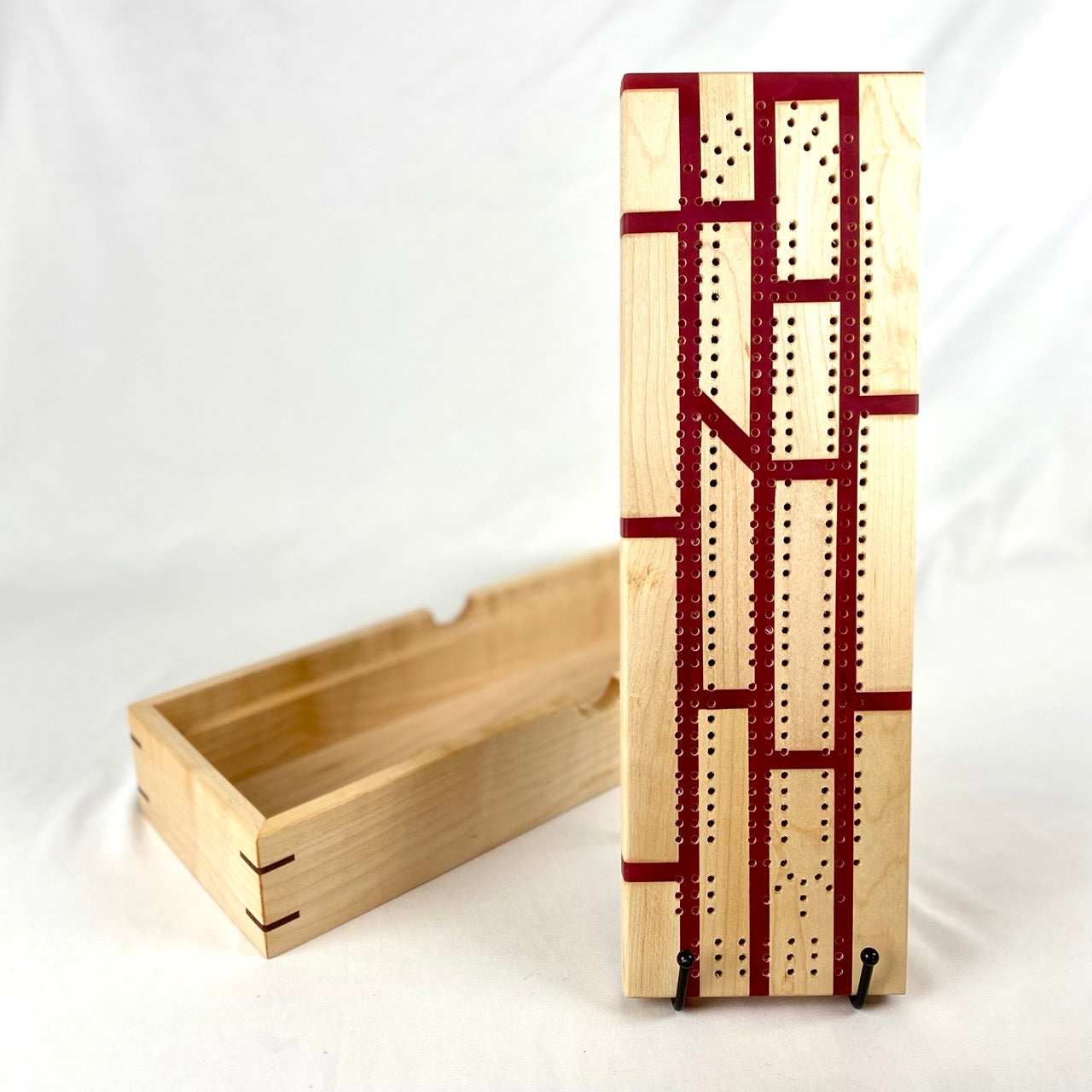 Handcrafted Candy Red Maple Brick Cribbage Board with Storage Box