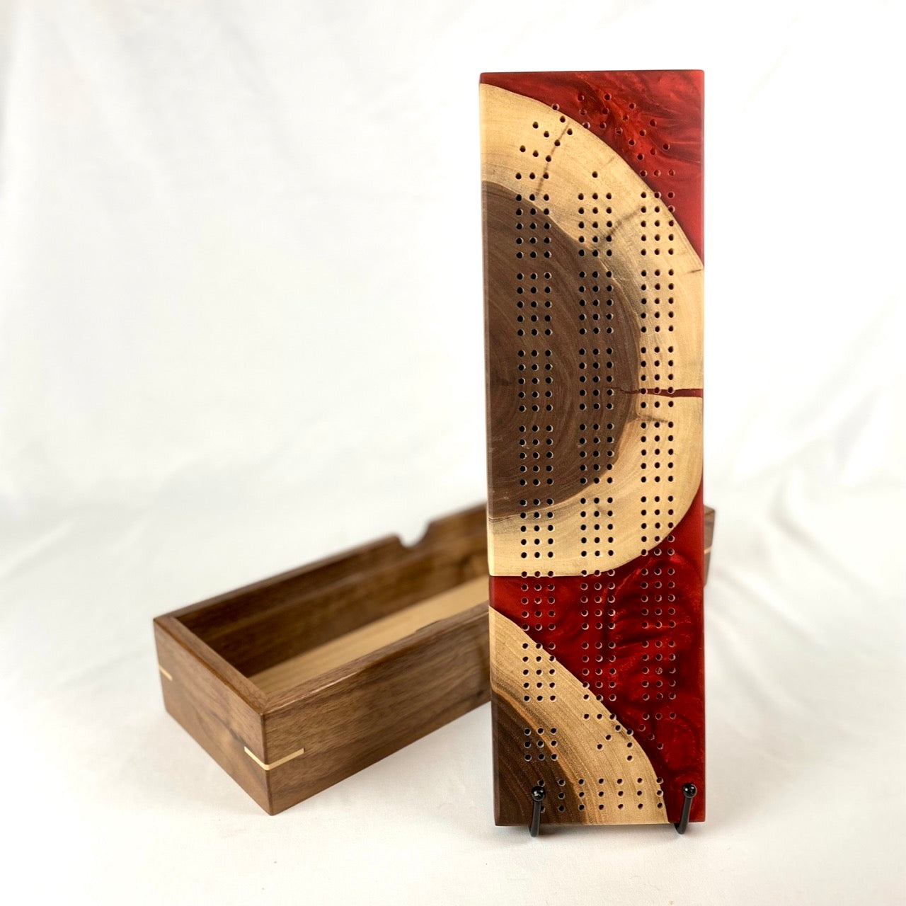 Handcrafted Senshi Red and Walnut Cribbage Board with Storage Box