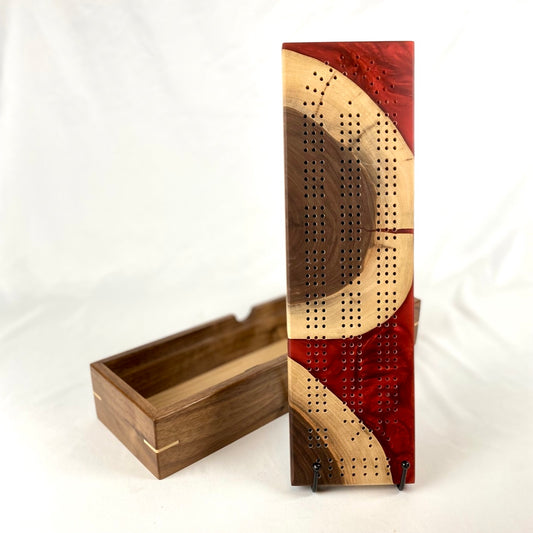 Handcrafted Senshi Red and Walnut Cribbage Board with Storage Box