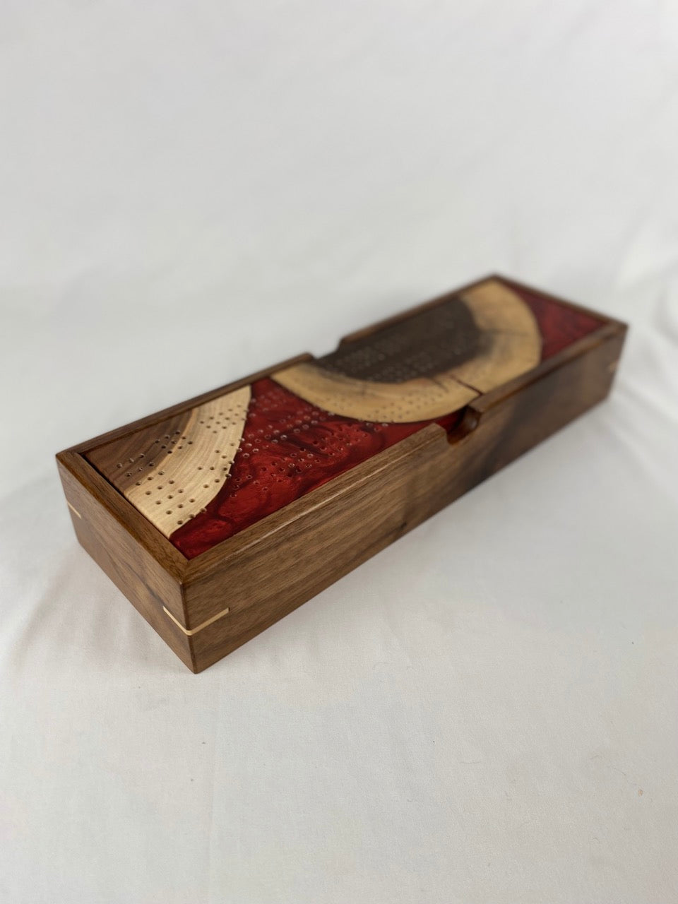 Handcrafted Senshi Red and Walnut Cribbage Board with Storage Box