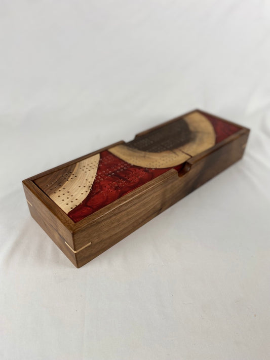 Handcrafted Senshi Red and Walnut Cribbage Board with Storage Box