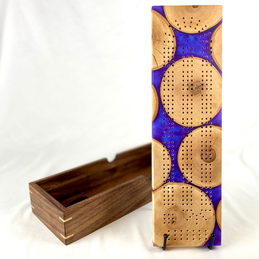 Handcrafted Blue Violet Birch Circles Cribbage Board with Storage Box