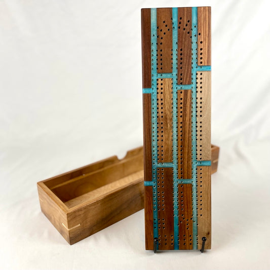 Handcrafted Teal & Walnut Brick Cribbage Board with Storage Box