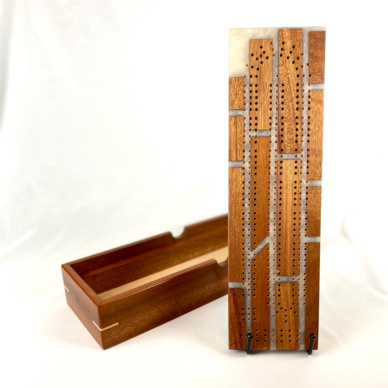 Handcrafted Pearl & Sapele Brick Cribbage Board with Storage Box