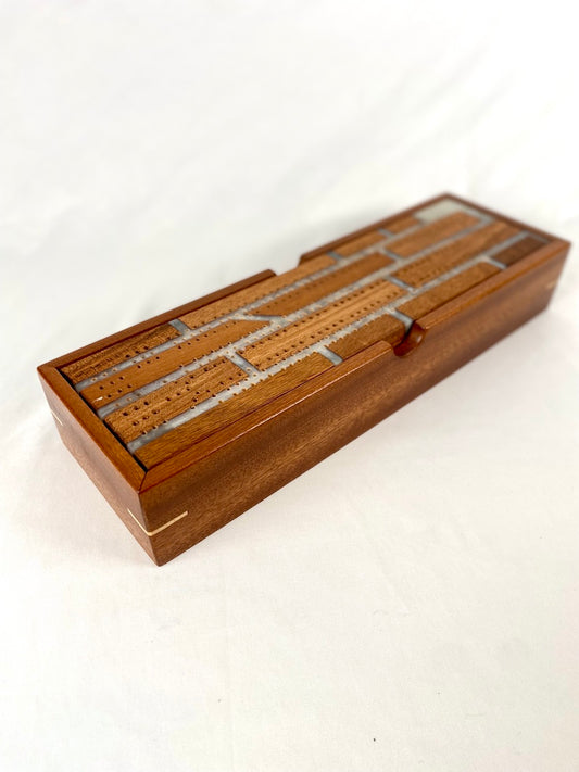 Handcrafted Pearl & Sapele Brick Cribbage Board with Storage Box