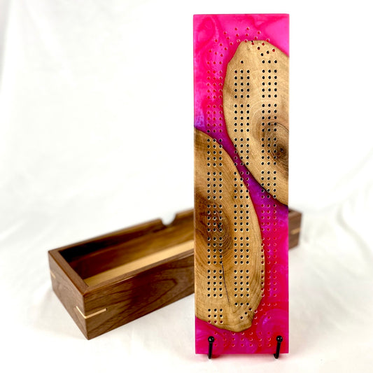 Handcrafted Walnut and Iridescent Pink Cribbage Board with Storage Box