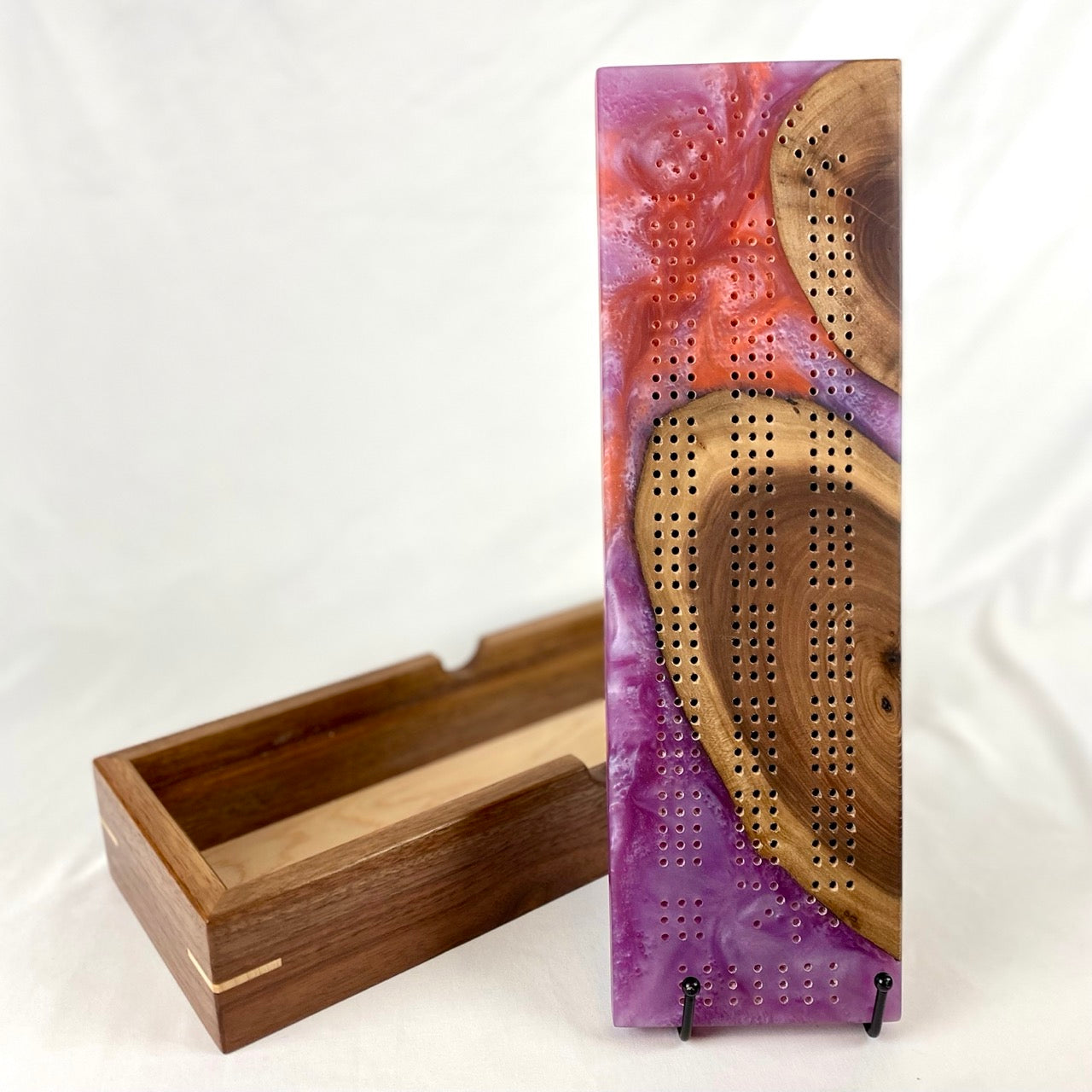 Handcrafted Walnut with Purple & Orange Swirl Cribbage Board with Storage Box