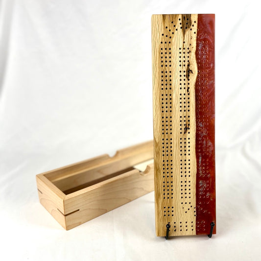 Handcrafted Black Locust Slab with Iridescent Red Cribbage Board with Storage Box