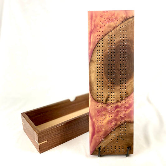 Handcrafted Walnut & Rose Gold Cribbage Board with Storage Box