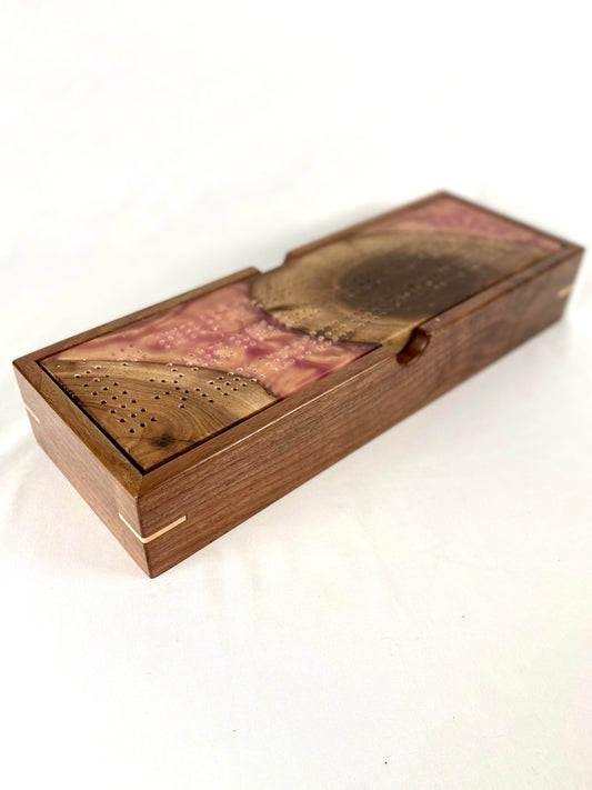 Handcrafted Walnut & Rose Gold Cribbage Board with Storage Box