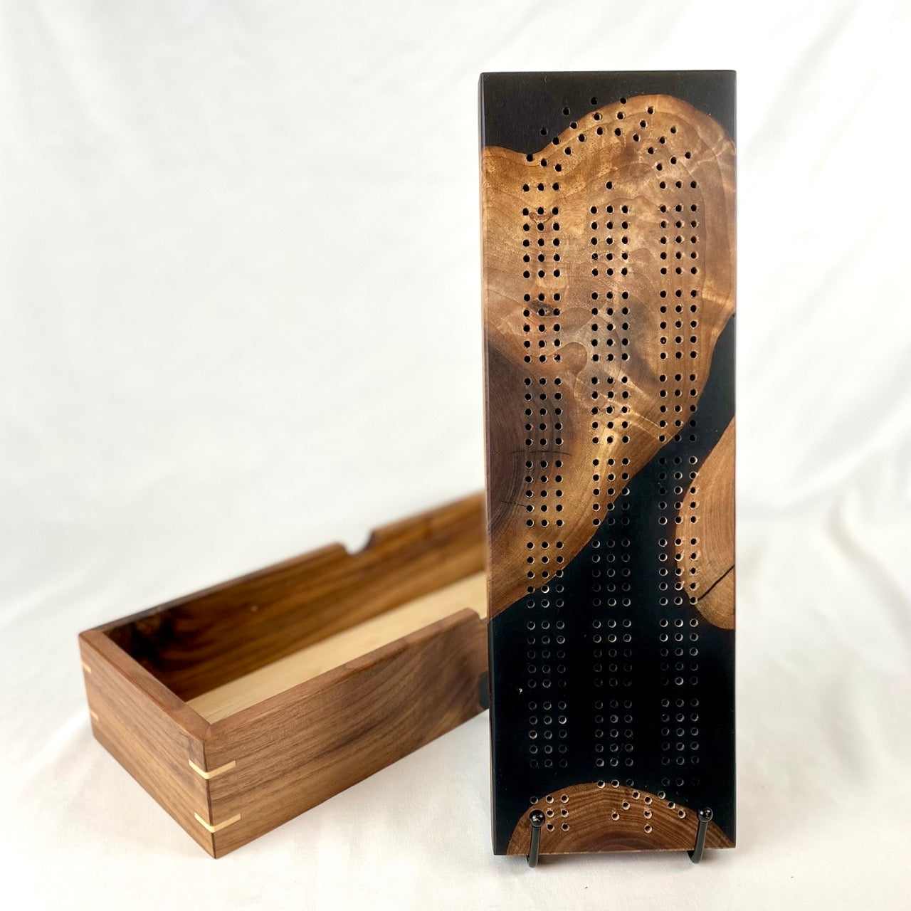Handcrafted Walnut with Black Resin Cribbage Board with Storage Box