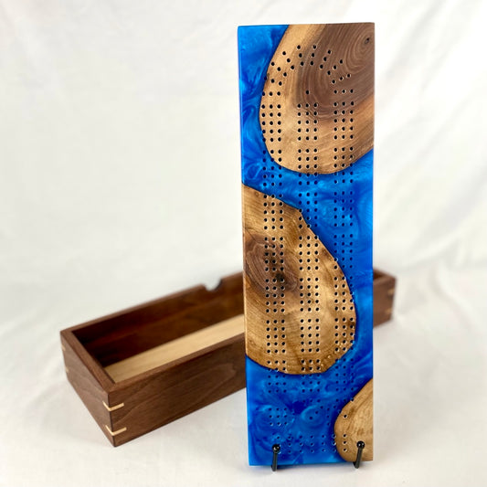 Handcrafted Walnut with Ocean Blue Resin Cribbage Board with Storage Box