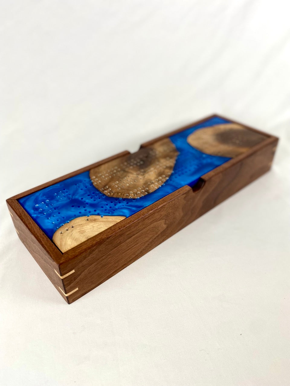 Handcrafted Walnut with Ocean Blue Resin Cribbage Board with Storage Box
