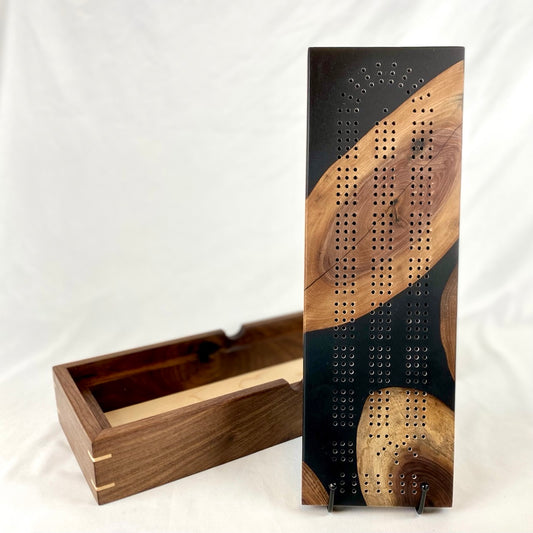 Handcrafted Walnut with Black Resin Cribbage Board with Storage Box