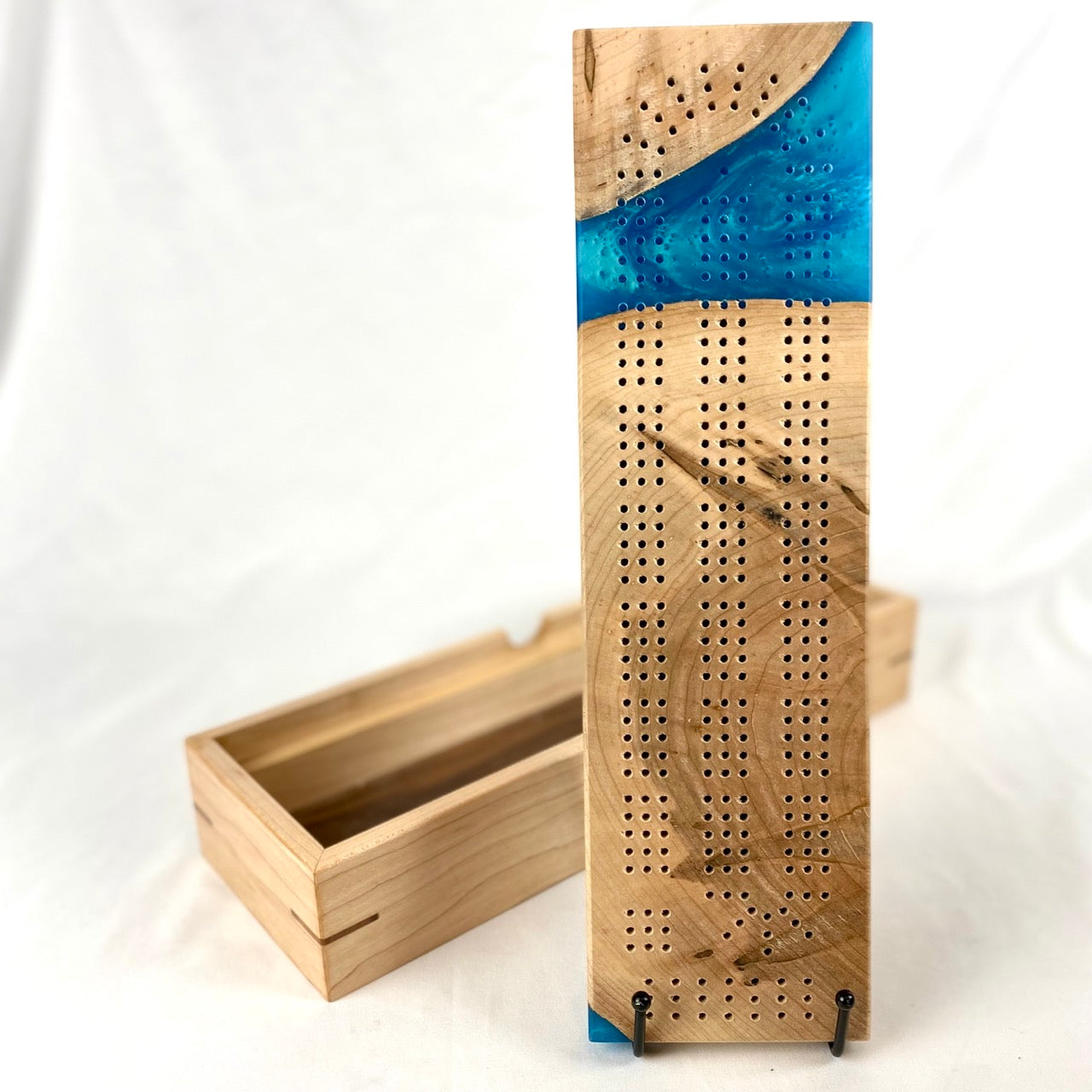 Handcrafted Ambrosia Maple & Macaw Blue Cribbage Board with Storage Box