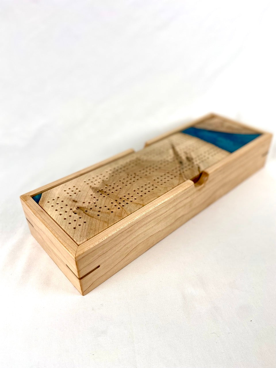 Handcrafted Ambrosia Maple & Macaw Blue Cribbage Board with Storage Box