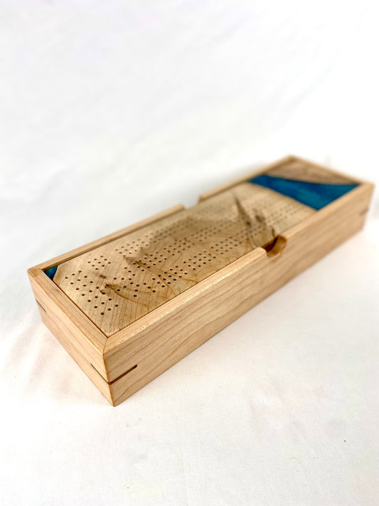Handcrafted Ambrosia Maple & Macaw Blue Cribbage Board with Storage Box