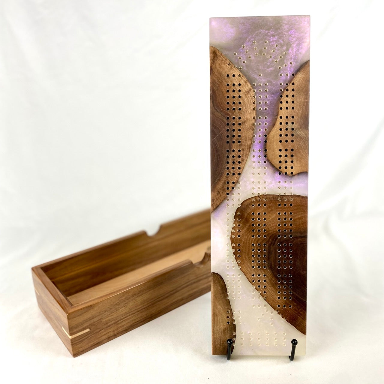 Handcrafted Walnut & Purple Pearl Swirl Cribbage Board with Storage Box