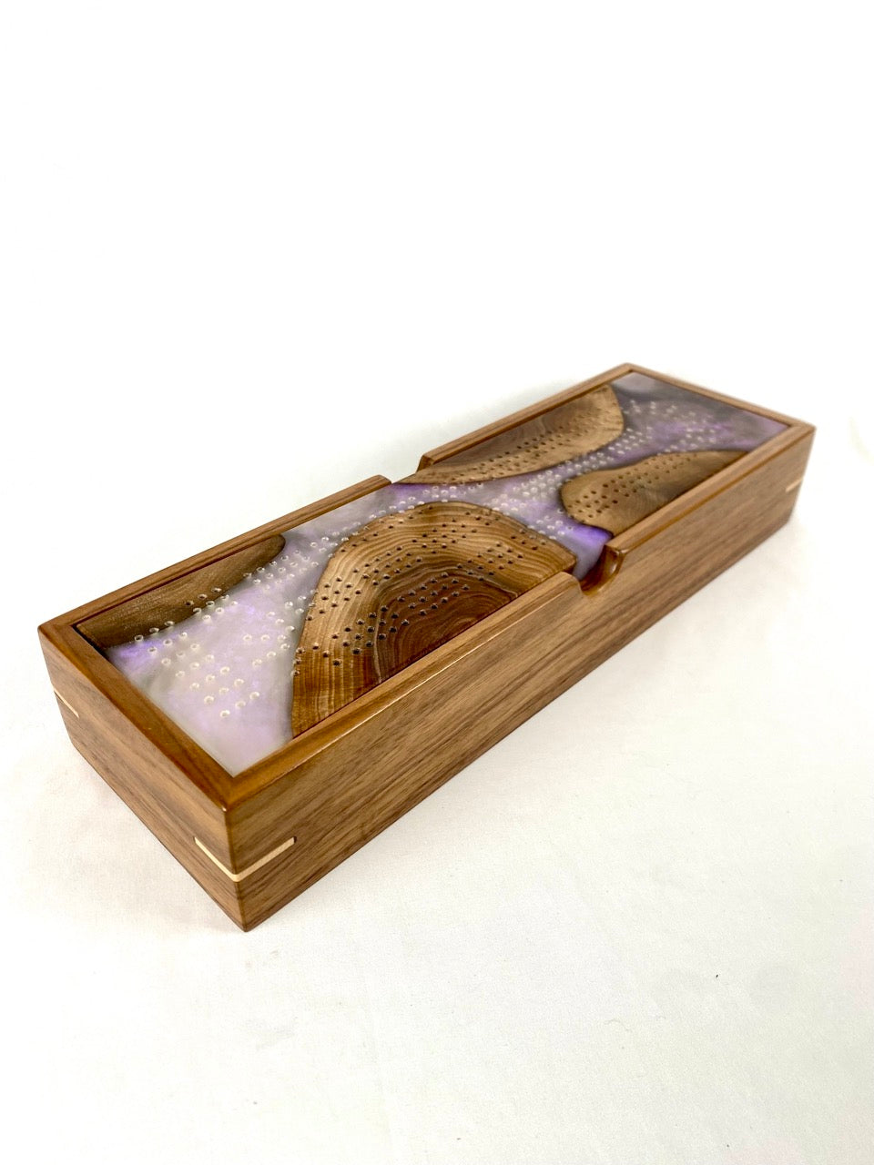 Handcrafted Walnut & Purple Pearl Swirl Cribbage Board with Storage Box