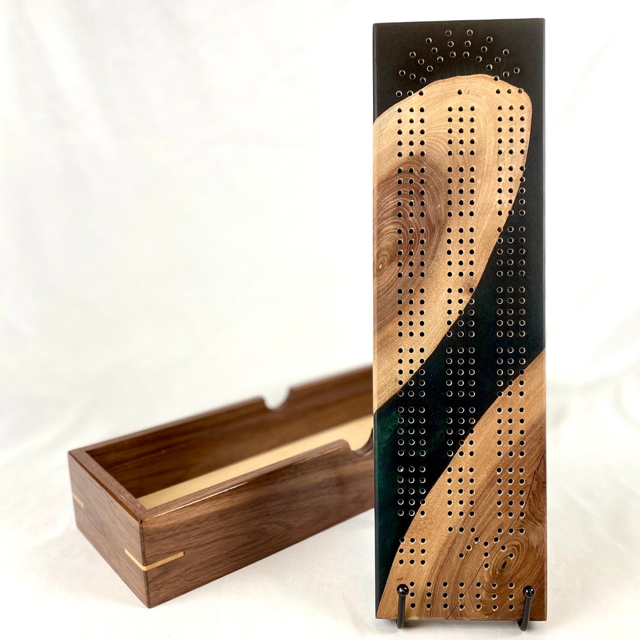 Handcrafted Walnut & Black-Green Cribbage Board with Storage Box
