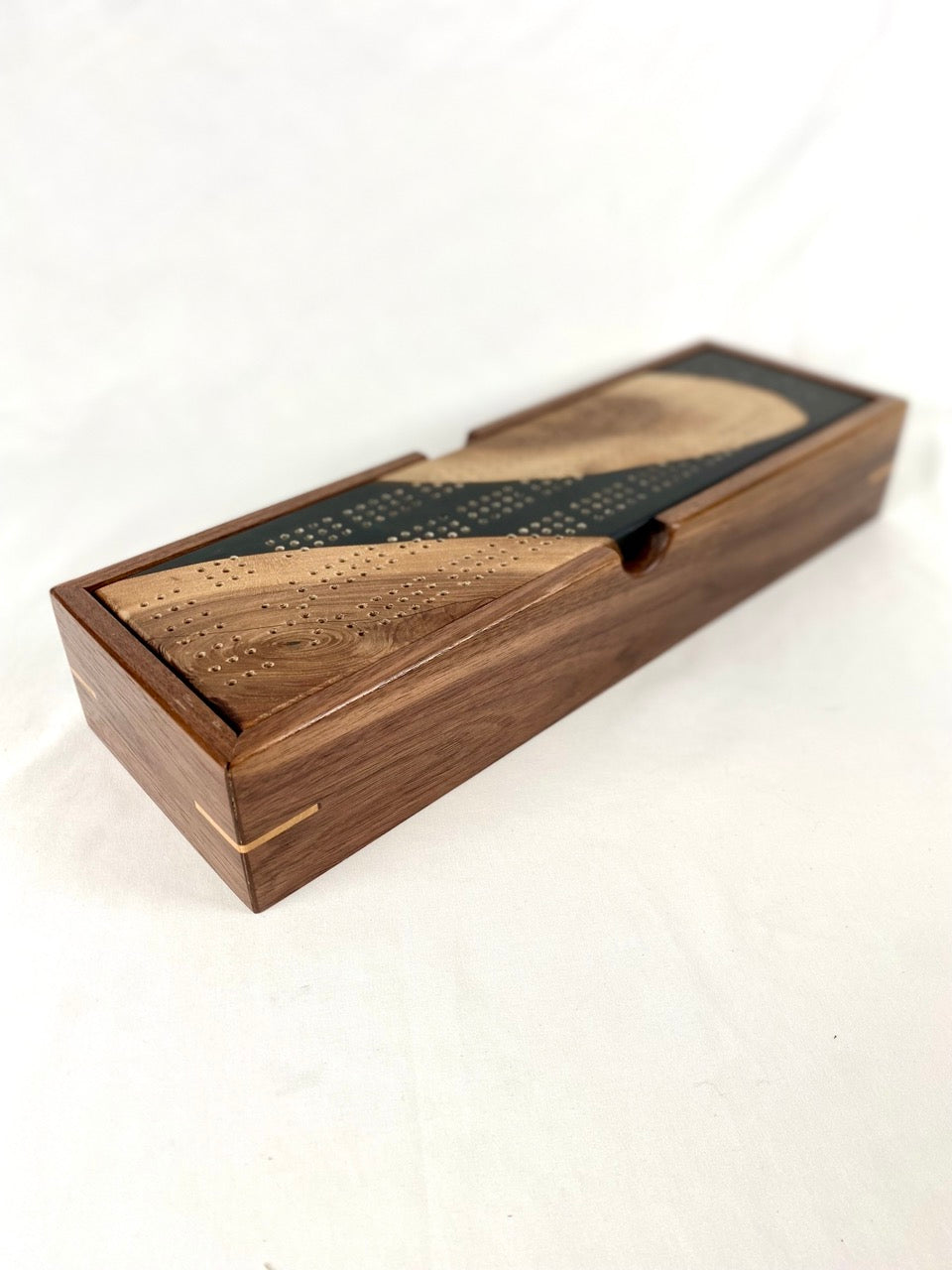 Handcrafted Walnut & Black-Green Cribbage Board with Storage Box