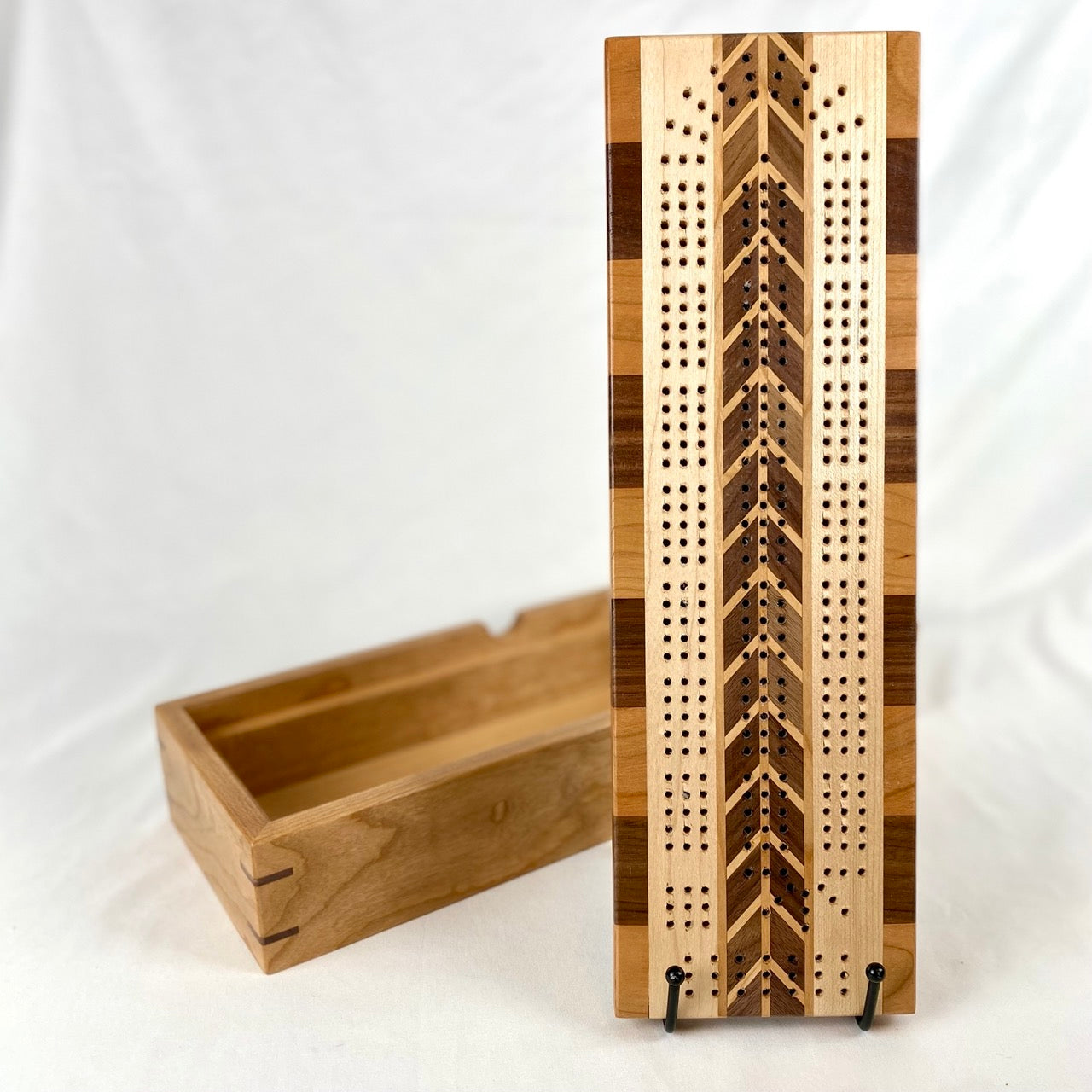Handcrafted Chevron Checker Cribbage Board with Storage Box