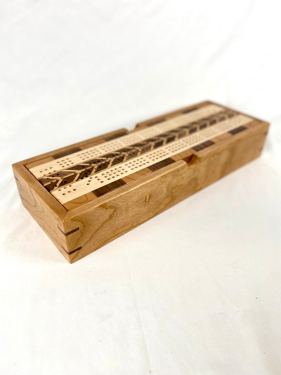 Handcrafted Chevron Checker Cribbage Board with Storage Box