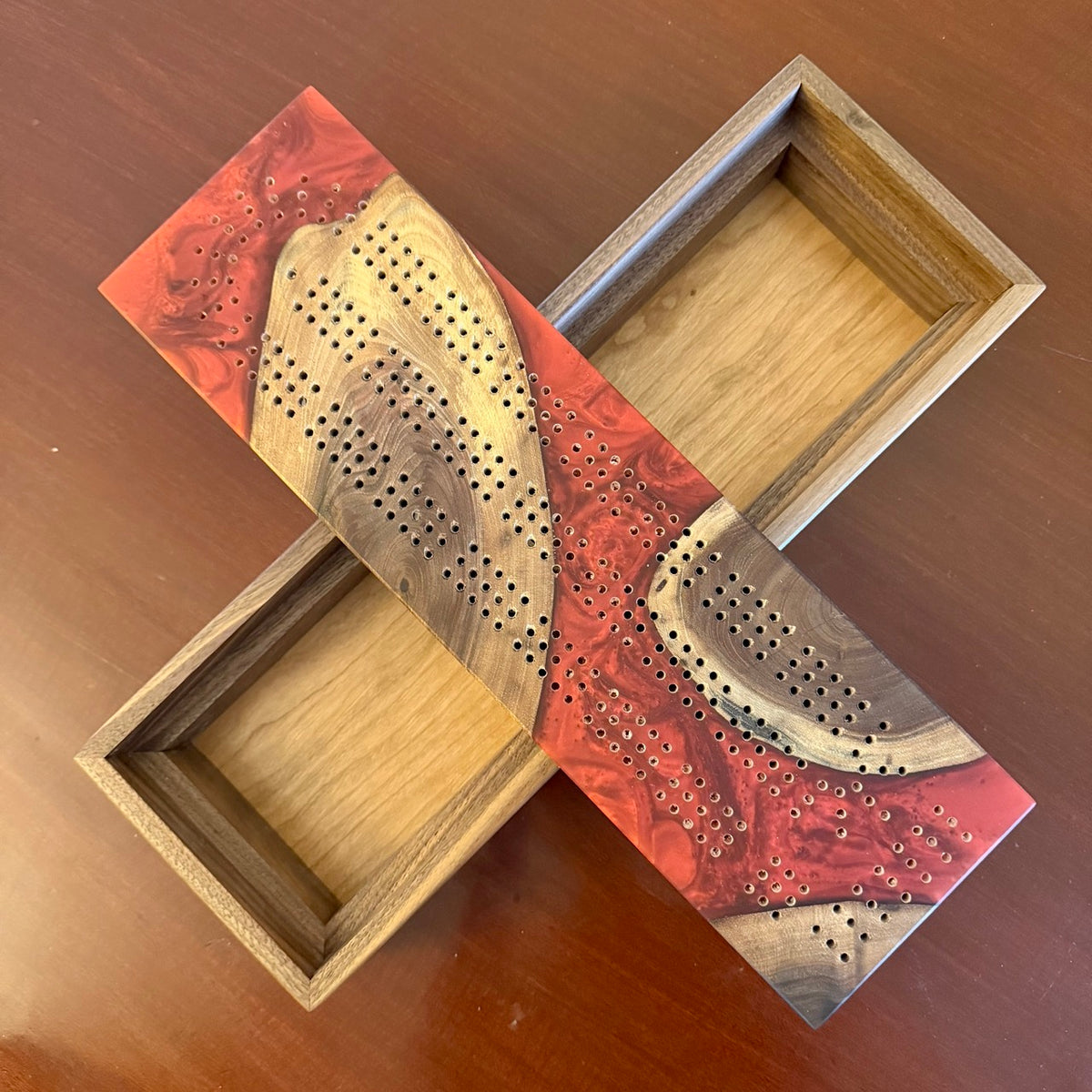 Handcrafted Walnut & Red Cribbage Board with Storage Box