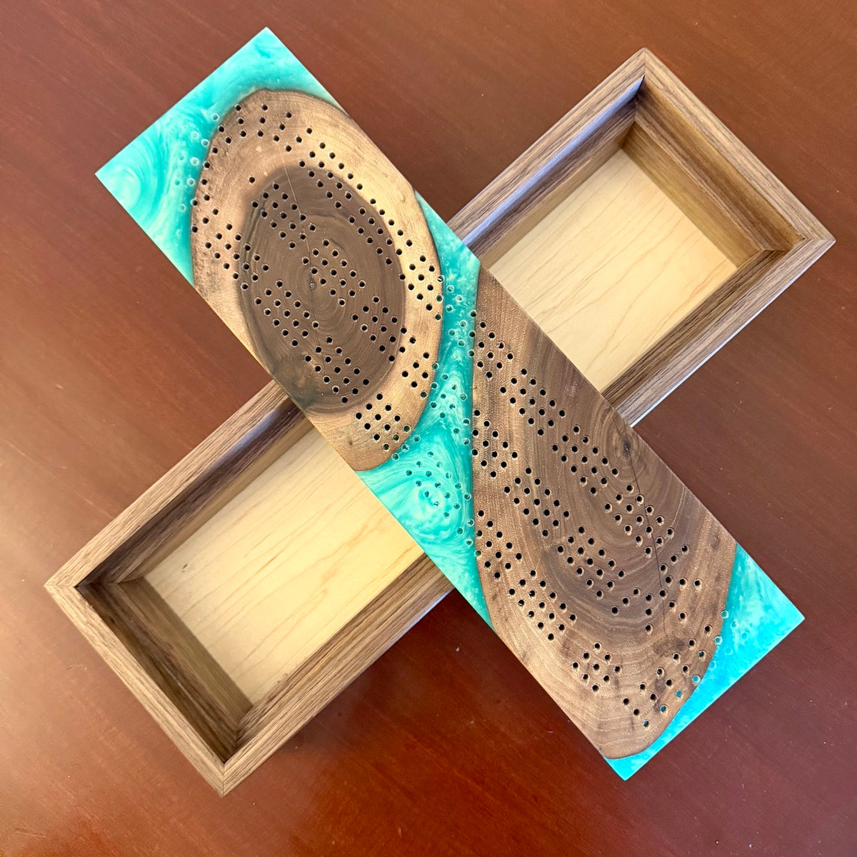 Handcrafted Walnut & Nebula Green Cribbage Board with Storage Box