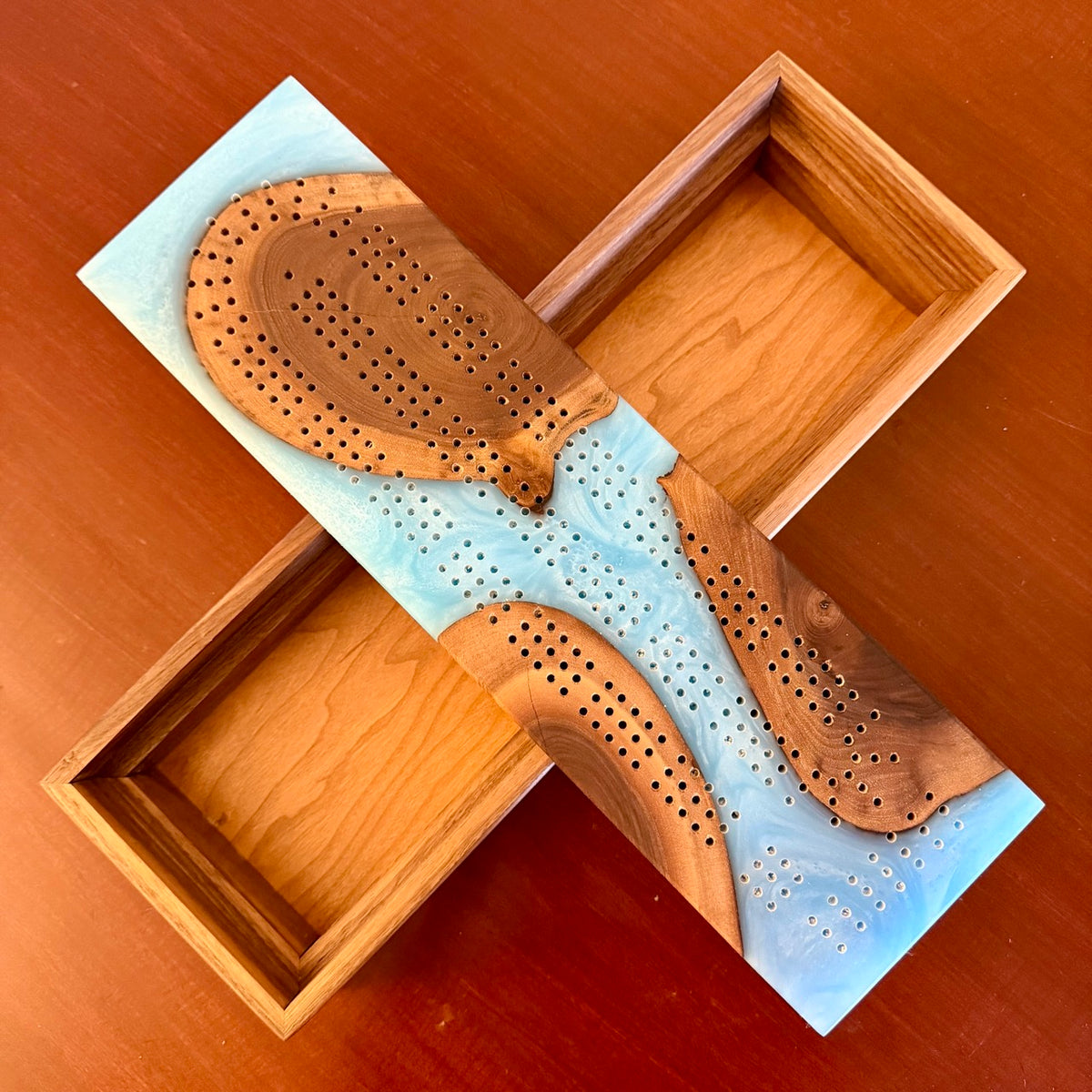 Handcrafted Walnut & Ice Blue Cribbage Board with Storage Box
