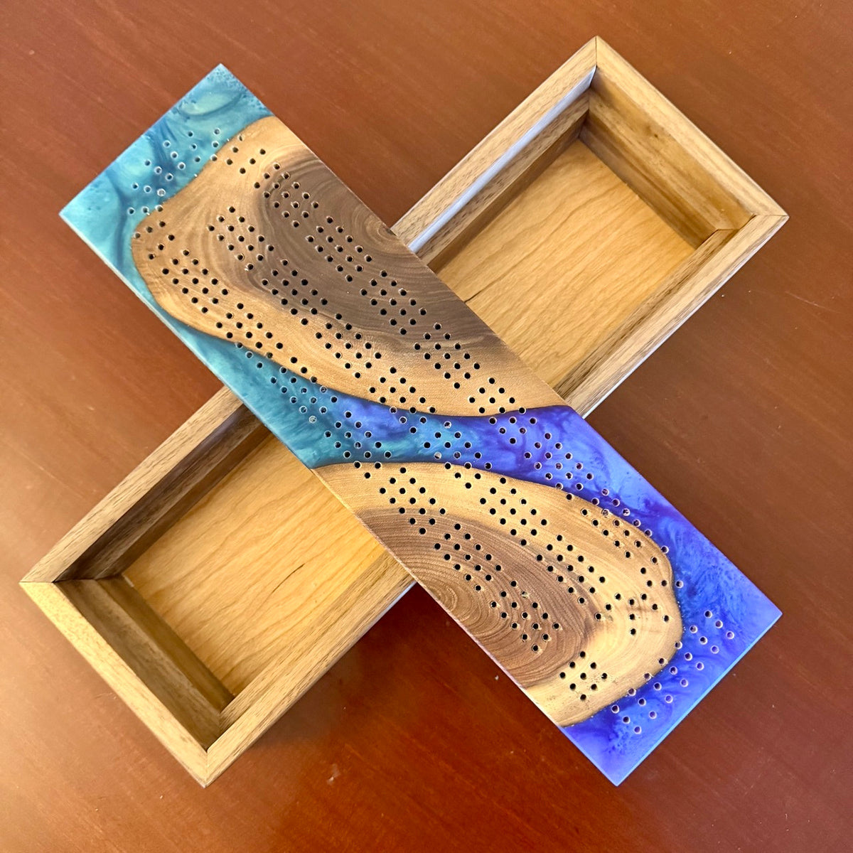 Handcrafted Walnut & Macaw Blue Green Cribbage Board with Storage Box