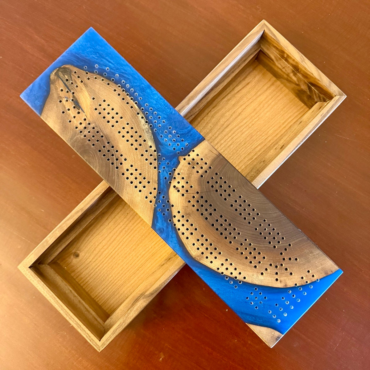 Handcrafted Walnut & Royal Blue Cribbage Board with Storage Box