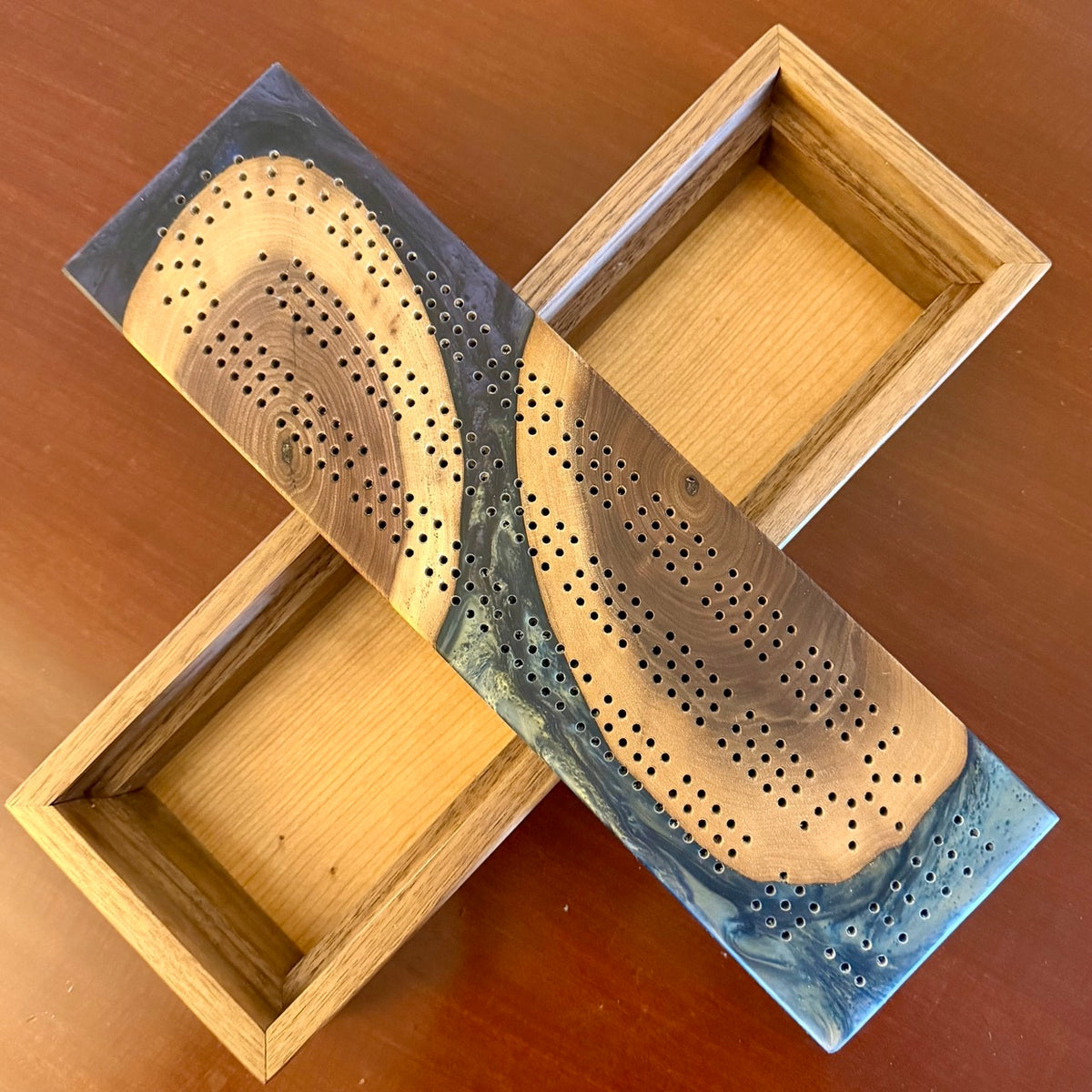Handcrafted Walnut & Charcoal Blue Cribbage Board with Storage Box